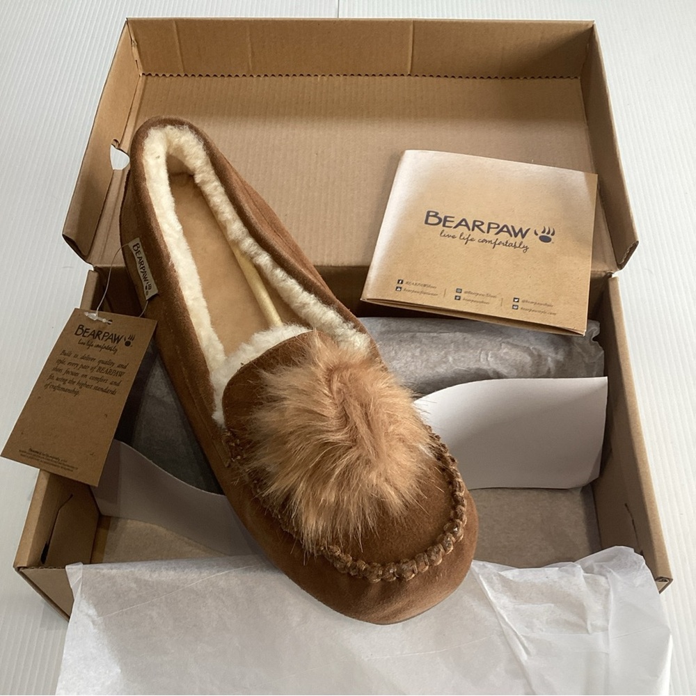 BearPaw Women's Brown Moccasin Slippers with Pom Pom